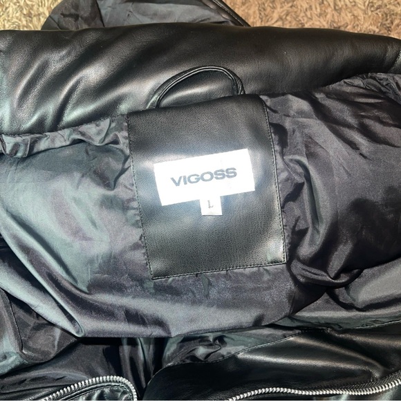 Vigoss Sz L Hooded Black Vegan Faux Leather Quilted Puffer Vest Pockets Womens - Picture 11 of 14
